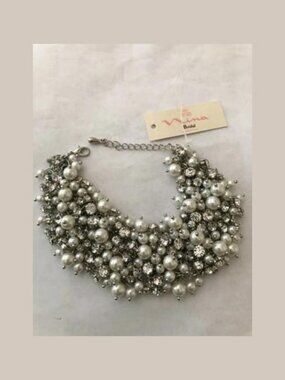 Nina Bridal Peony SILVER Glass WHITE Pearl & Czech Crystal Cluster Bracelet NEW